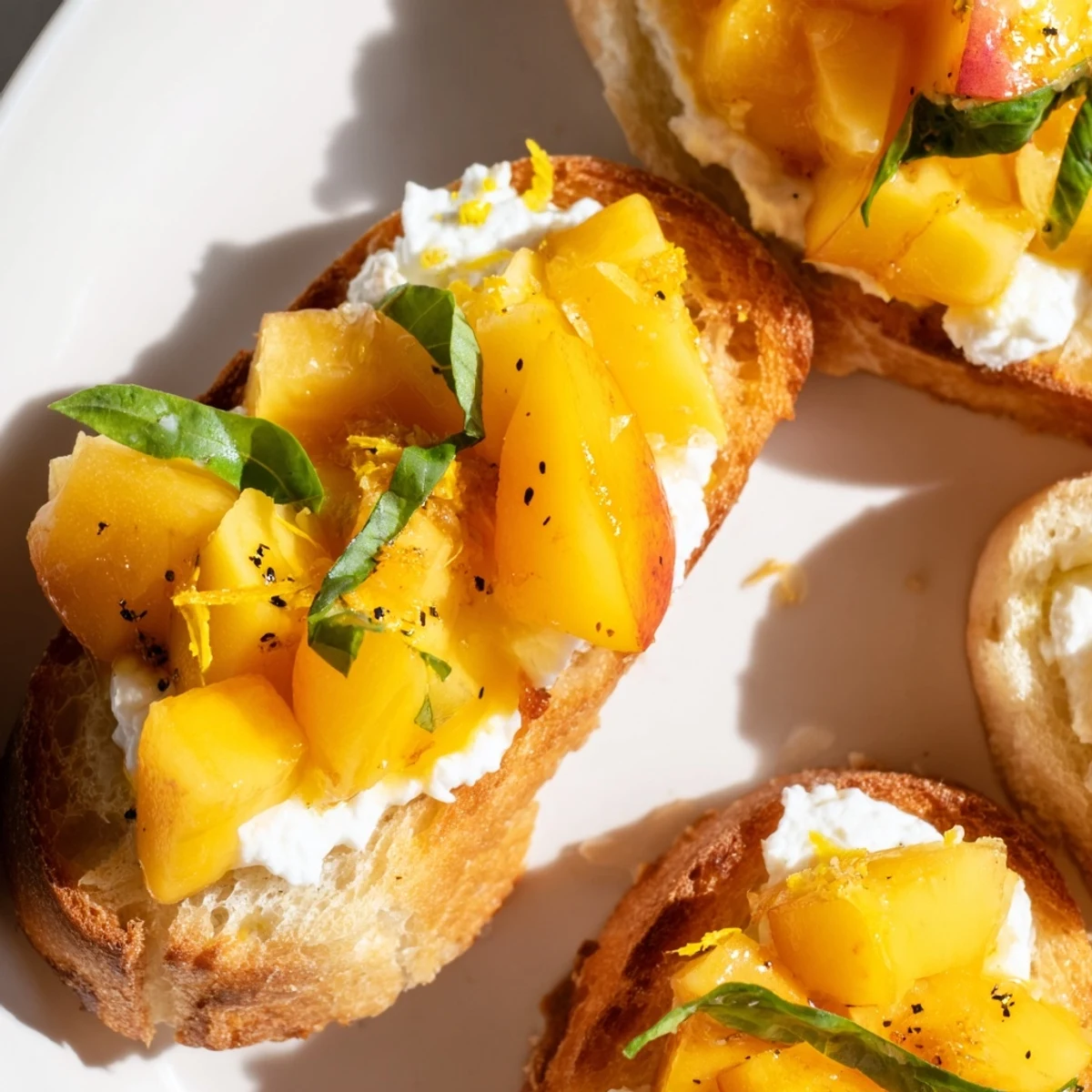 Golden toasted baguette slices topped with Sun Kissed Peach Bruschetta and creamy ricotta cheese