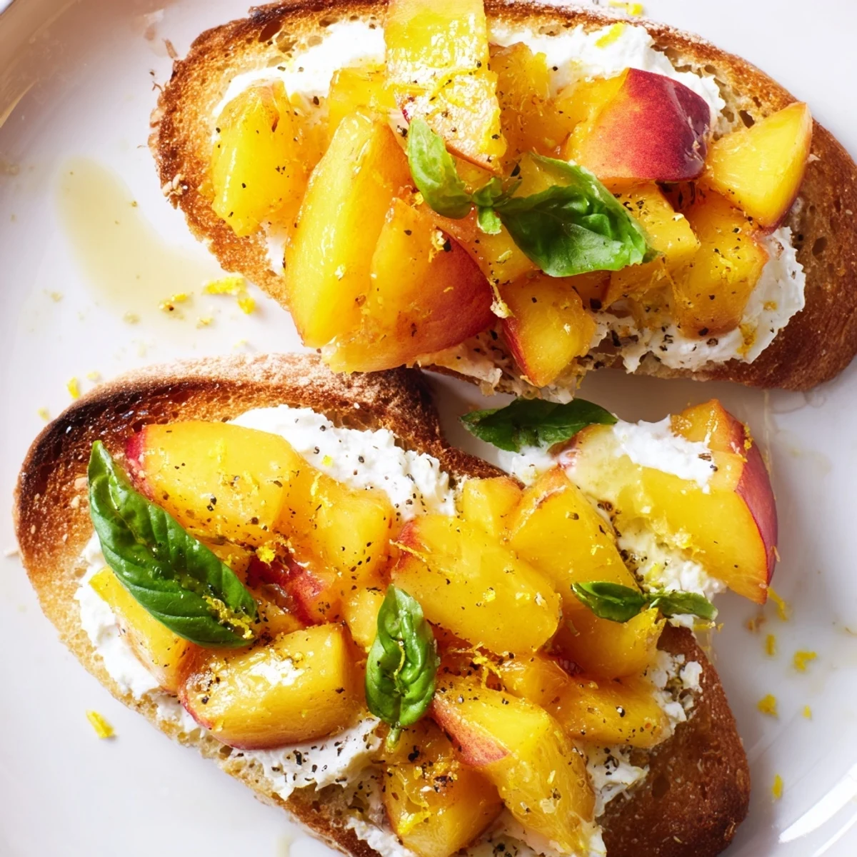 Juicy peaches and fresh basil crown crispy Sun Kissed Peach Bruschetta appetizers on wooden board