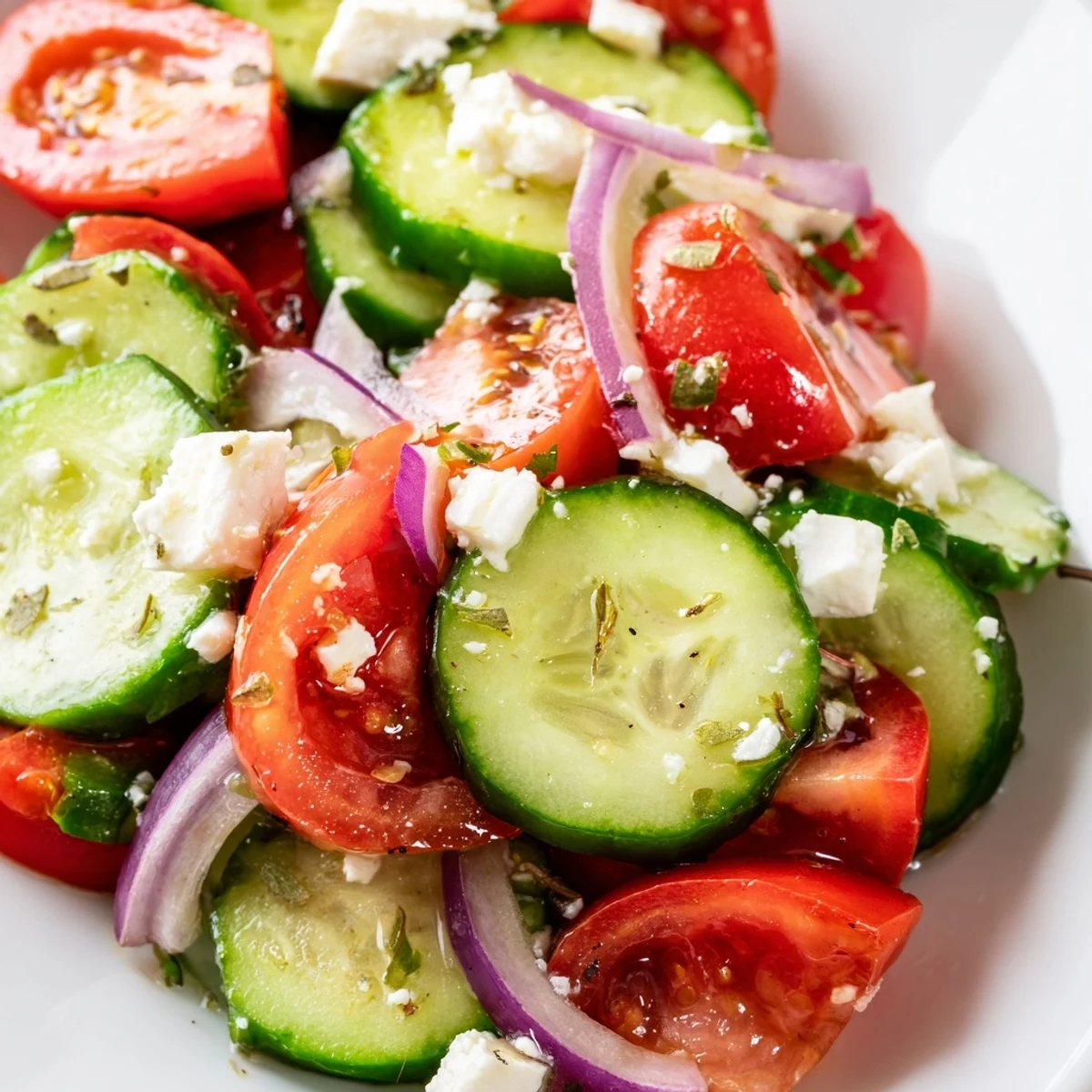 Crisp Italian cucumber salad with ripe tomatoes and red onion in zesty herb dressing