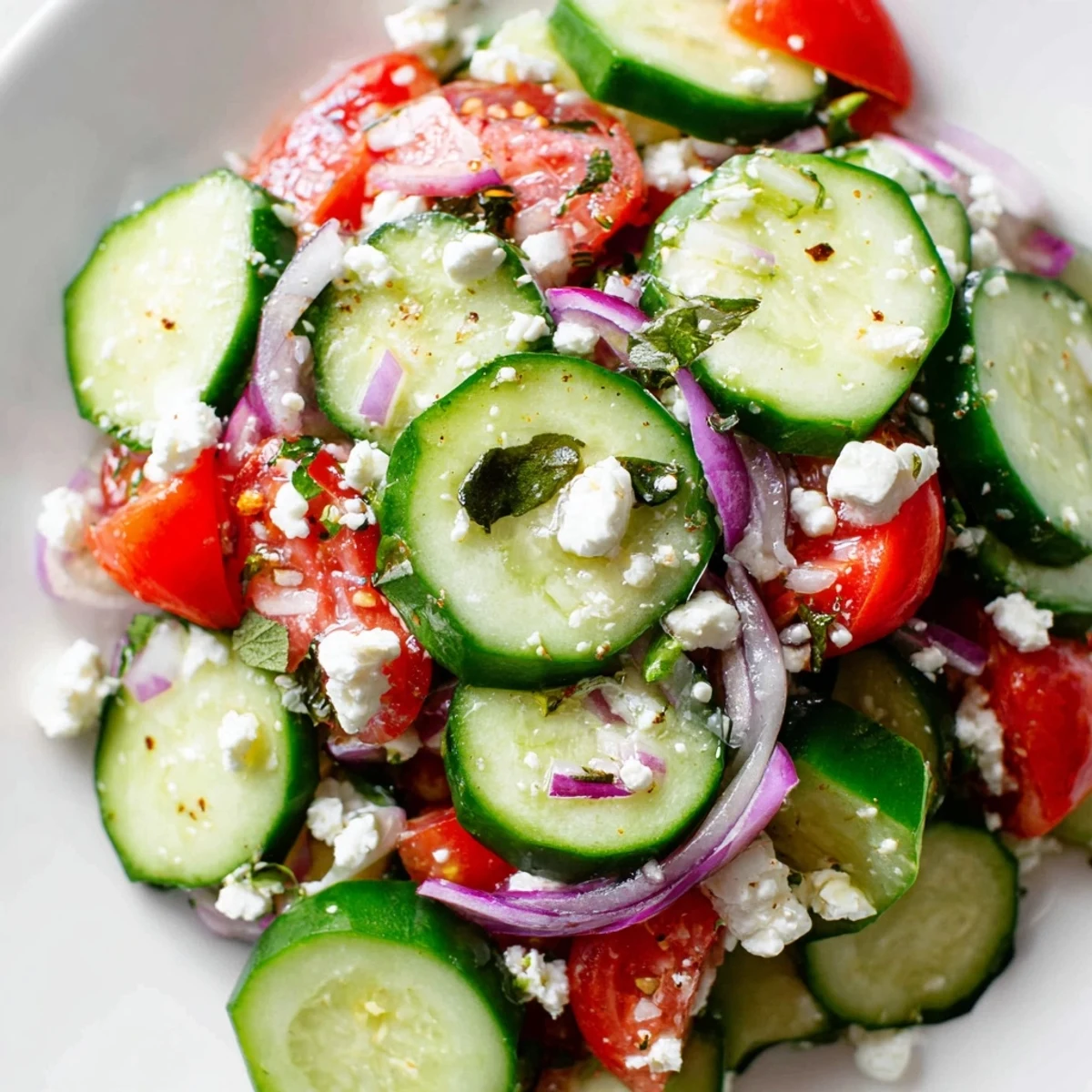 Fresh Italian cucumber salad tossed with diced tomatoes, basil, and tangy vinaigrette