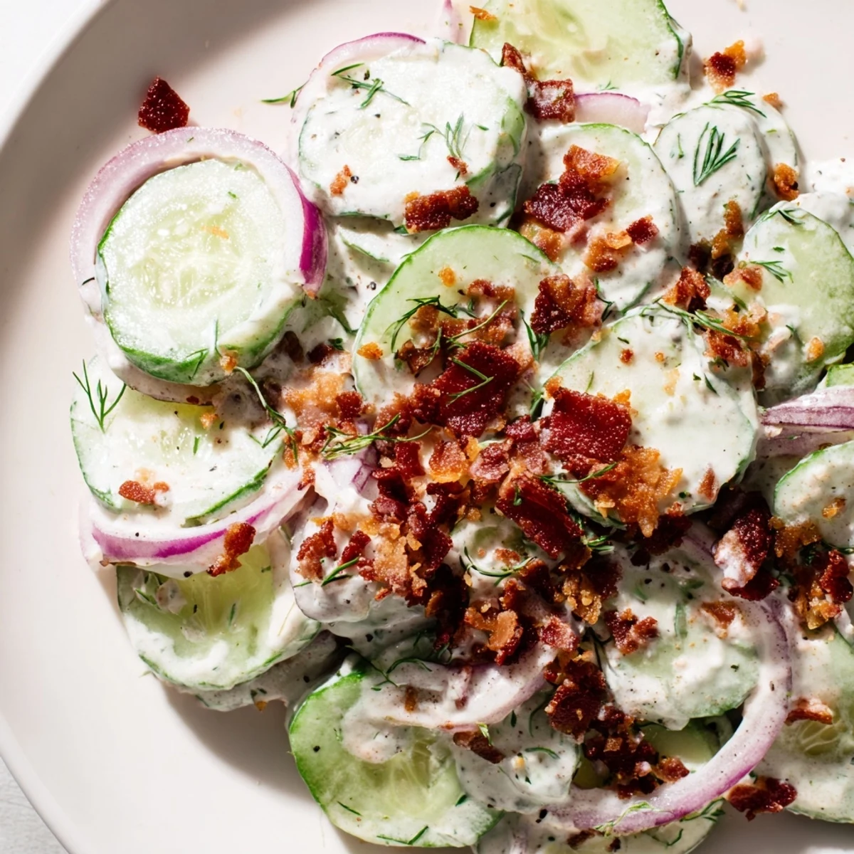 Crispy bacon bits sprinkled over fresh cucumber salad in a tangy Greek yogurt dressing