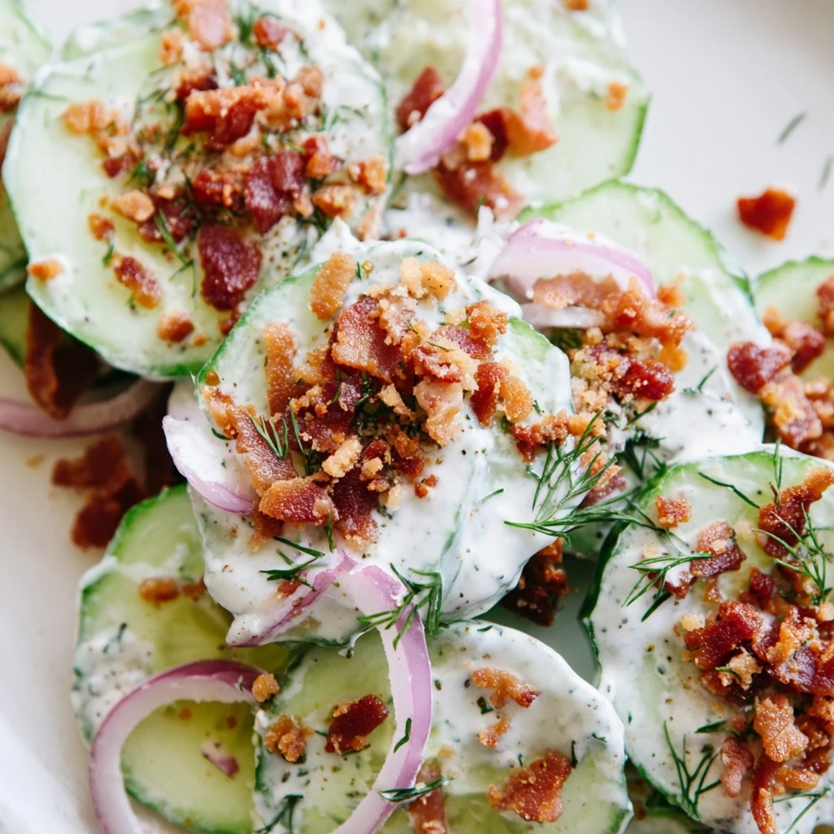 Healthy cucumber salad with smoky bacon and red onion in a light creamy sauce