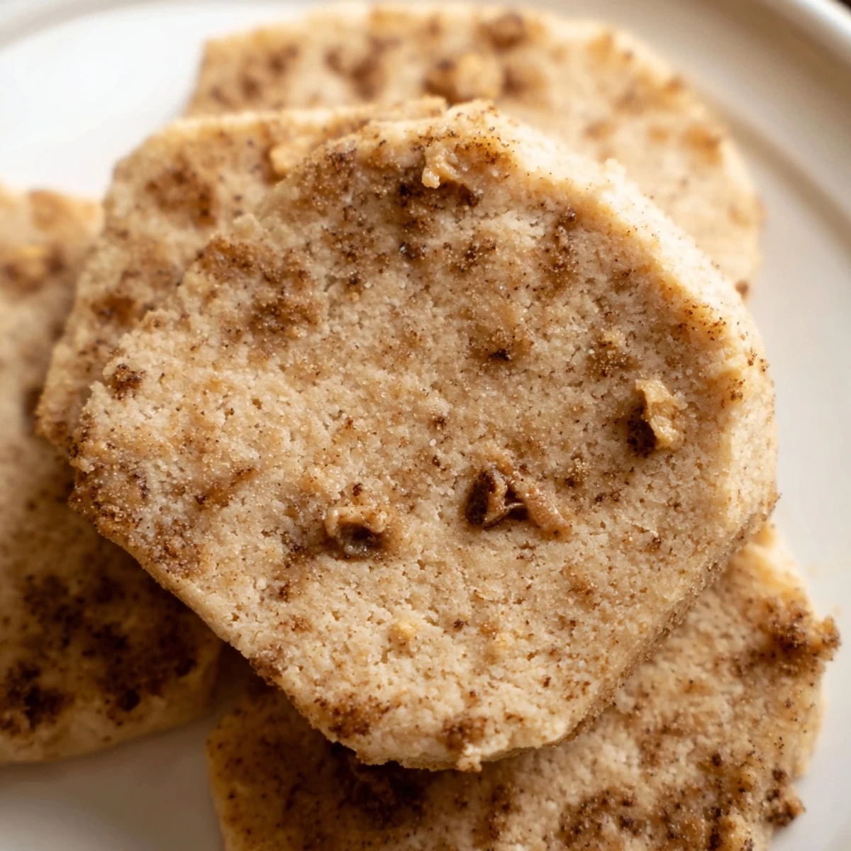 Golden espresso shortbread cookies with melty toffee chunks on a rustic white plate