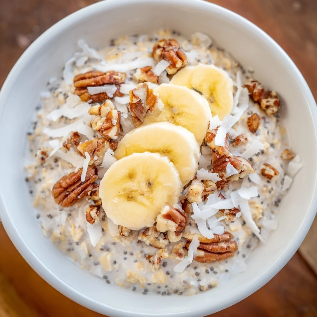Creamy coconut cream pie overnight oats topped with toasted coconut flakes in a glass jar