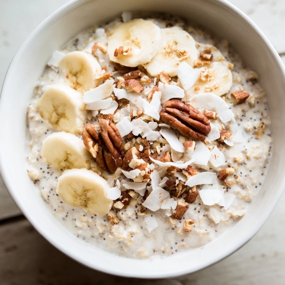 Thick coconut cream pie overnight oats served cold with chopped pecans and banana slices