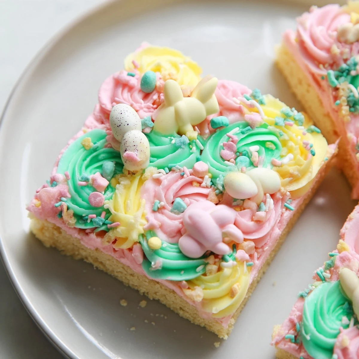 Easter sugar cookie bars with swirled pastel frosting and colorful sprinkles on a rustic serving plate