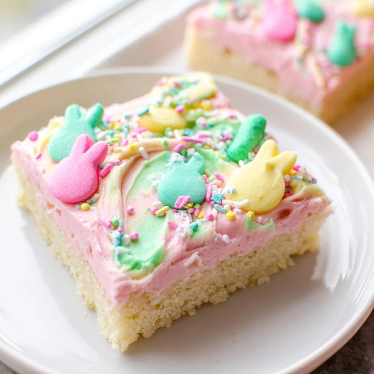 Soft Easter sugar cookie bars cut into squares topped with creamy pink and yellow buttercream