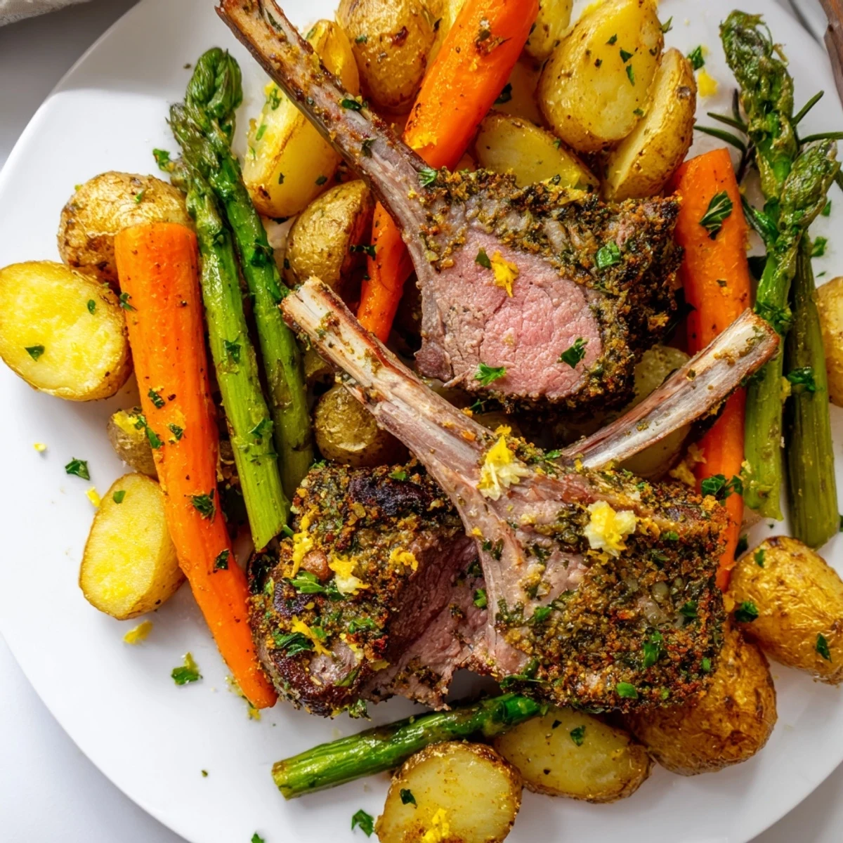 Golden herb-crusted Easter dinner on a sheet pan with roasted lamb and vibrant vegetables