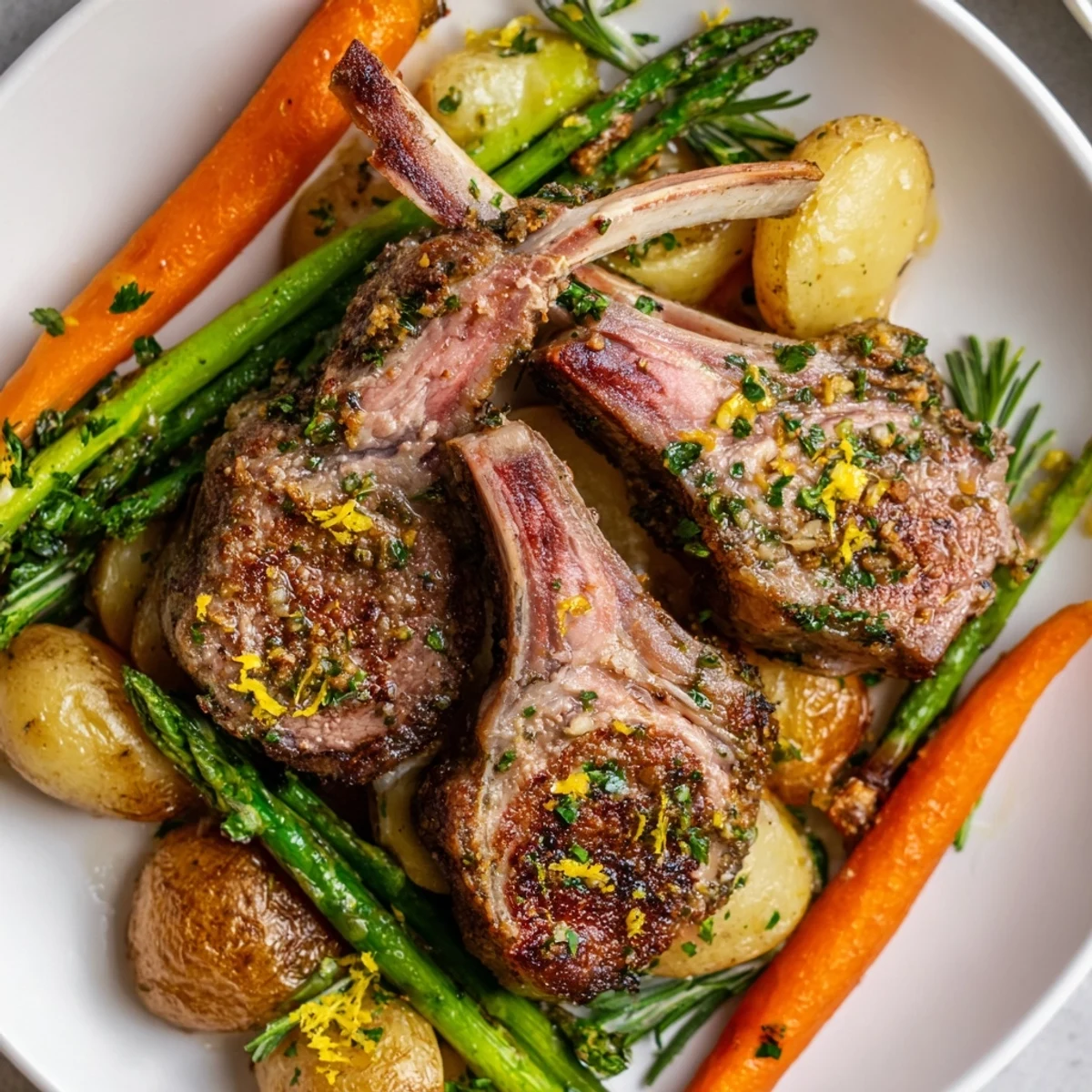 Tender lamb chops and colorful spring vegetables arranged on Easter dinner sheet pan