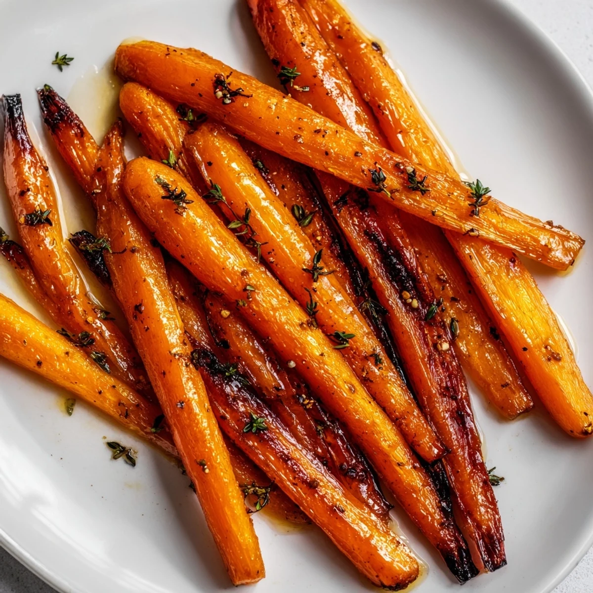 Golden honey roasted carrots tender inside with charred tips on parchment baking paper
