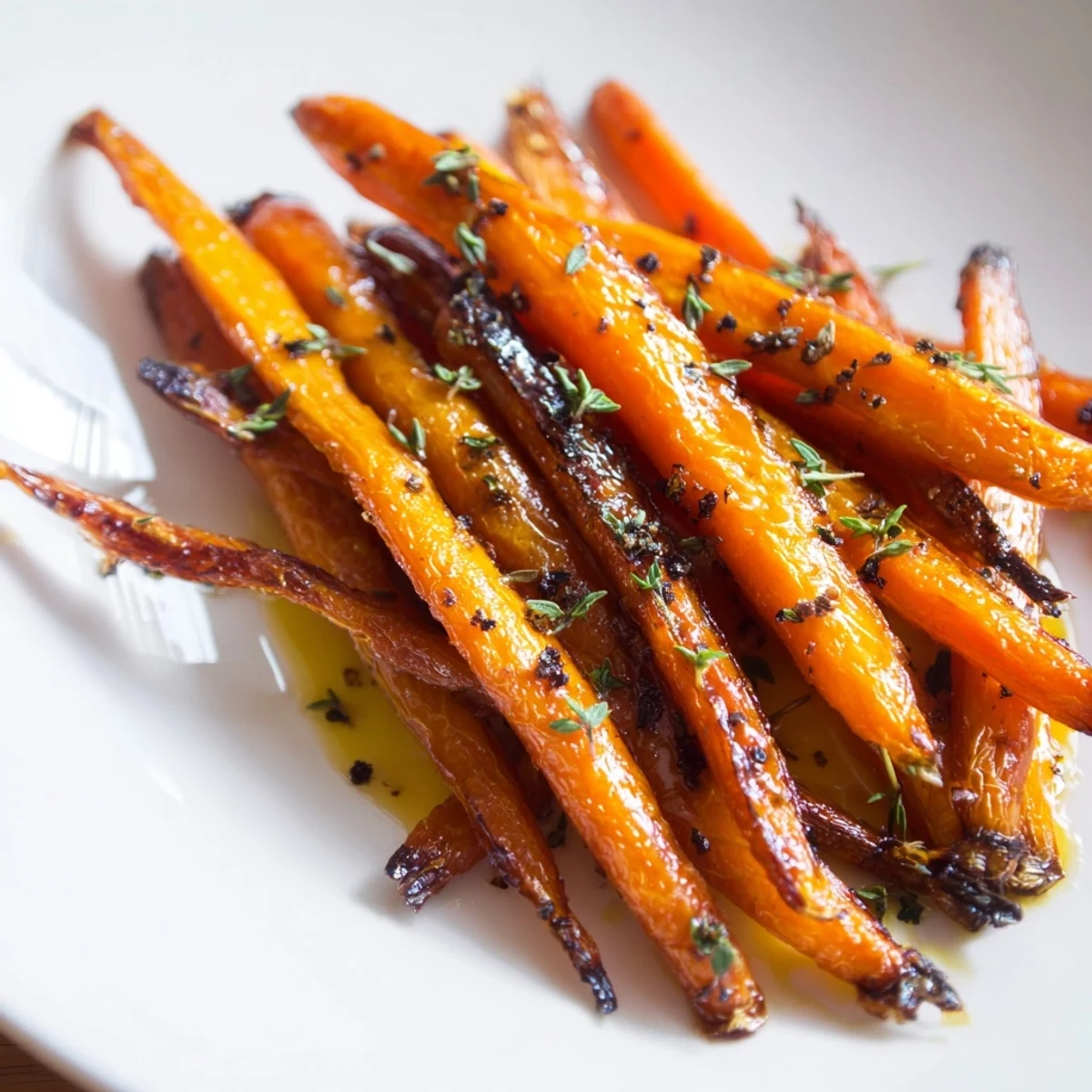 Glistening honey roasted carrots with caramelized edges and fresh herbs on a white platter