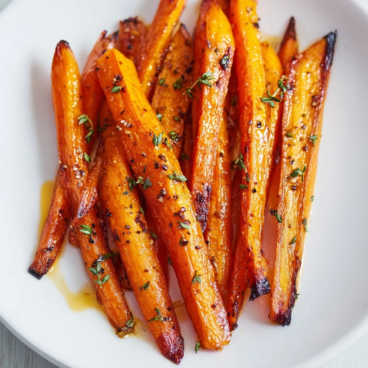 Close-up of honey roasted carrots glistening with glaze scattered with thyme leaves