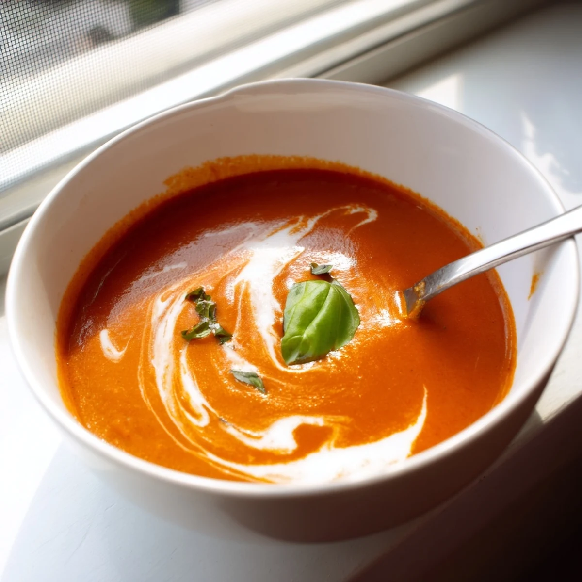 Smoky fire roasted tomato soup in a rustic bowl with fresh basil garnish and crusty bread