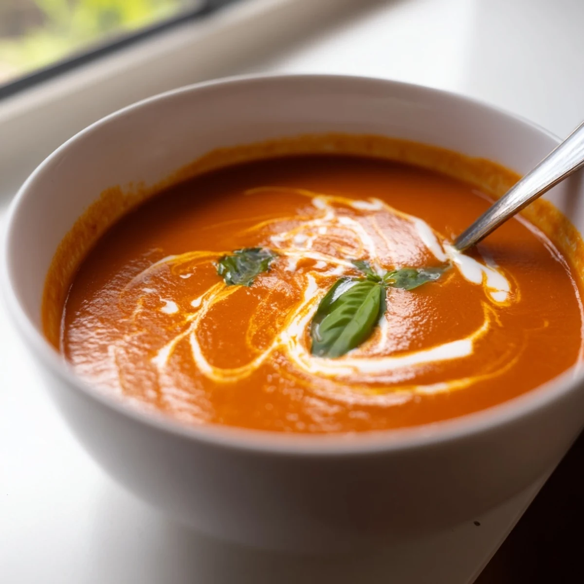 Velvety fire roasted tomato soup topped with cream swirl and served in white ceramic bowl