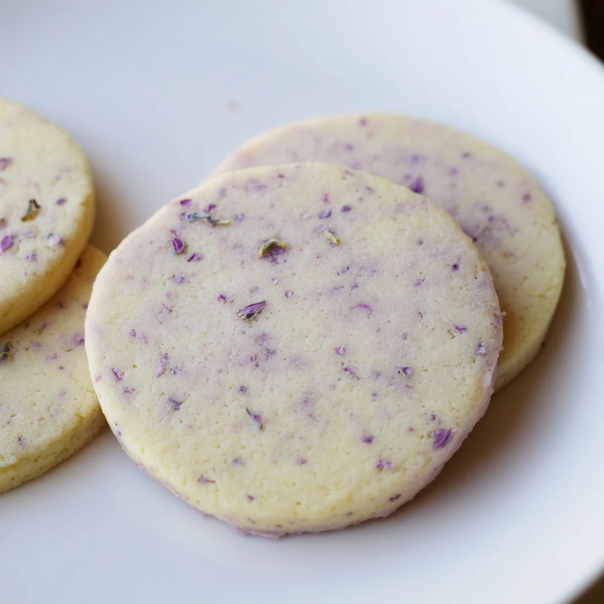 Soft lilac sugar cookies with delicate lavender edges cooling on a wire rack