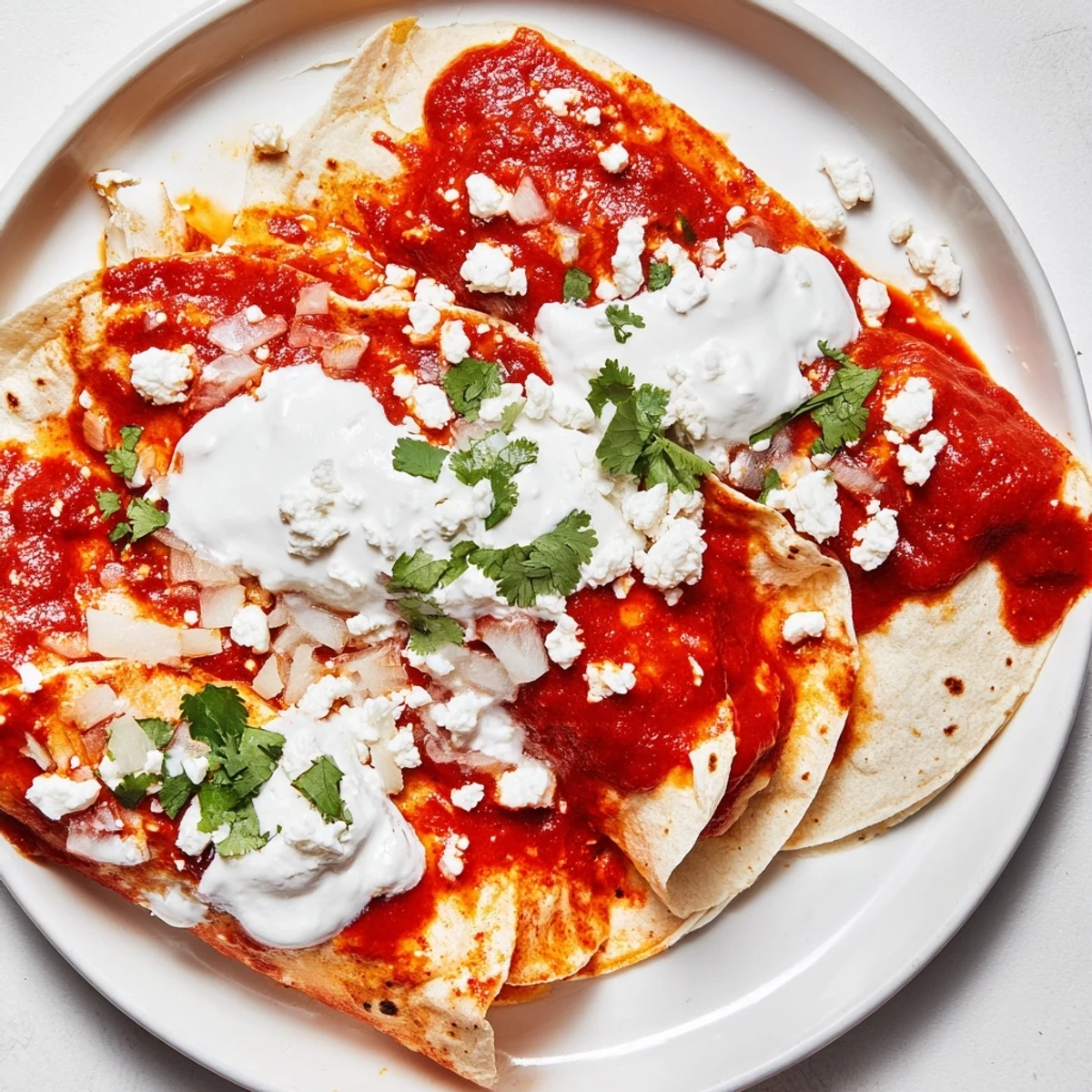 Folded corn tortillas swimming in vibrant red tomato sauce topped with fresh cilantro