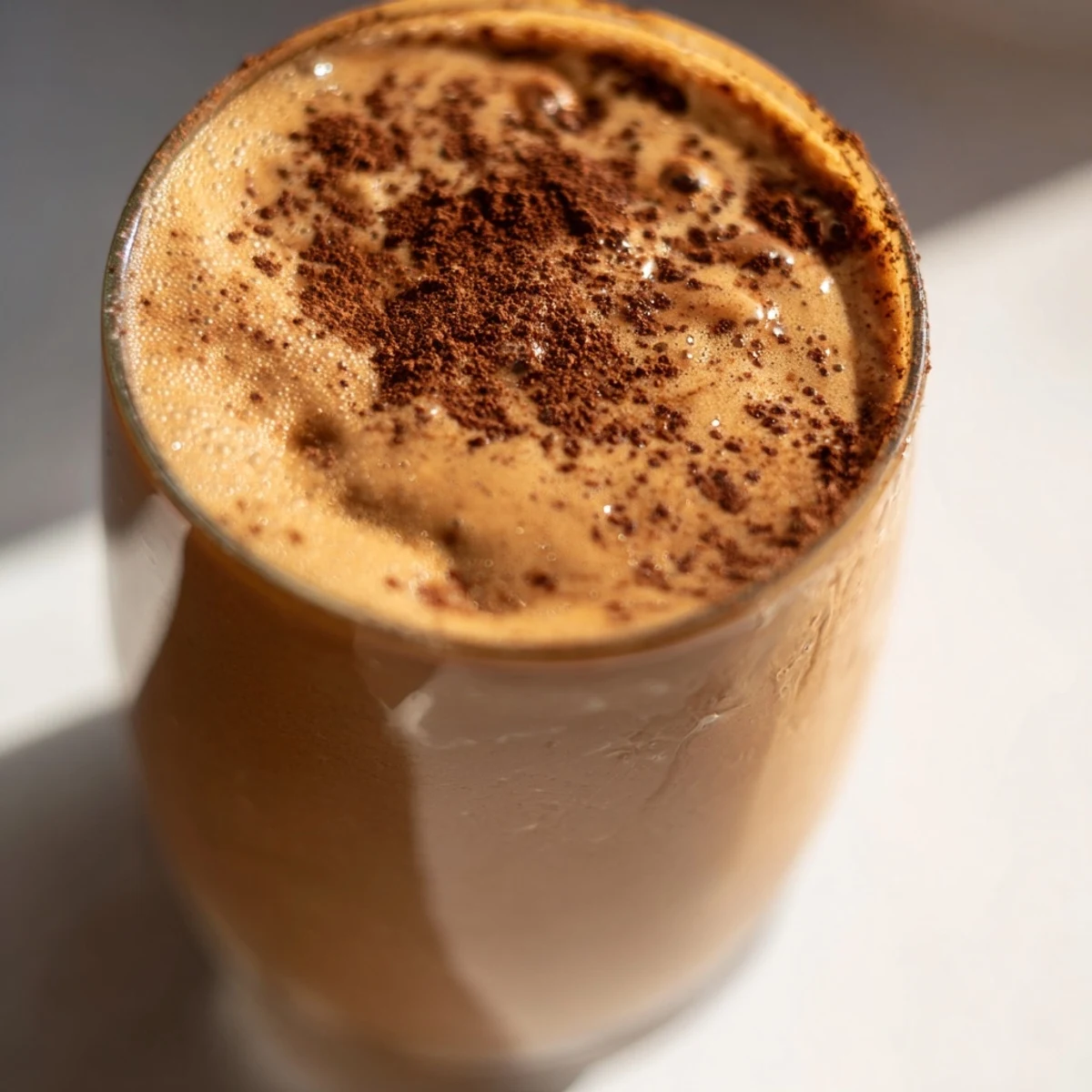 Creamy coffee smoothie in a tall glass topped with a dusting of cocoa powder