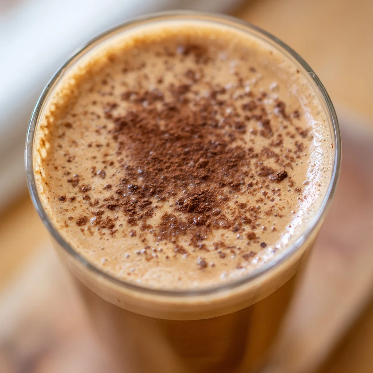 Frothy coffee smoothie blended with ripe banana and served in a mason jar