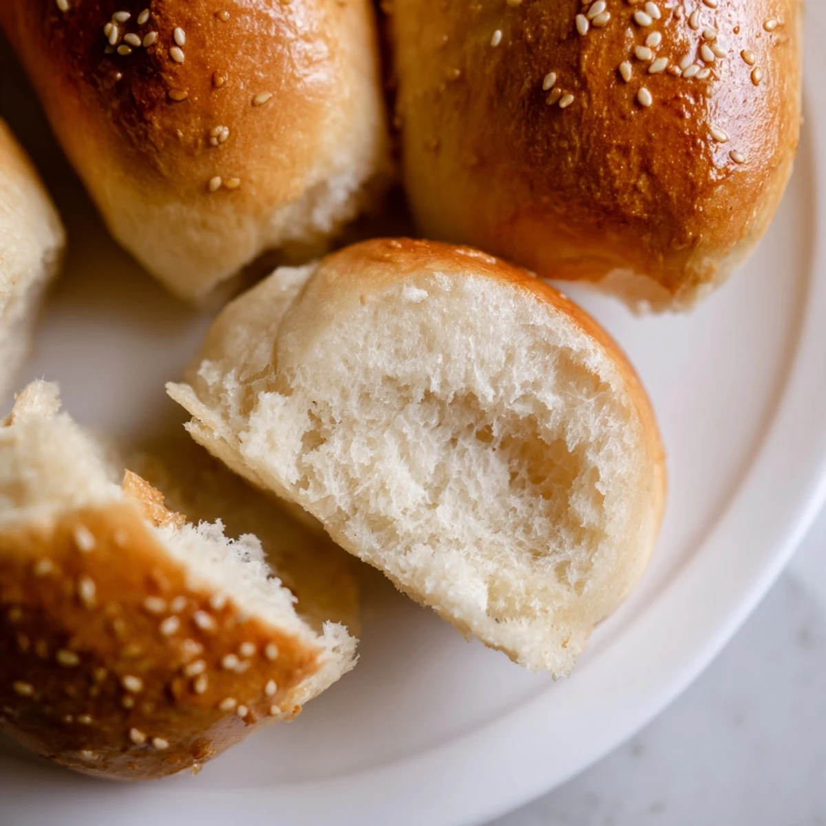 Golden sourdough discard hot dog buns topped with sesame seeds fresh from the oven.