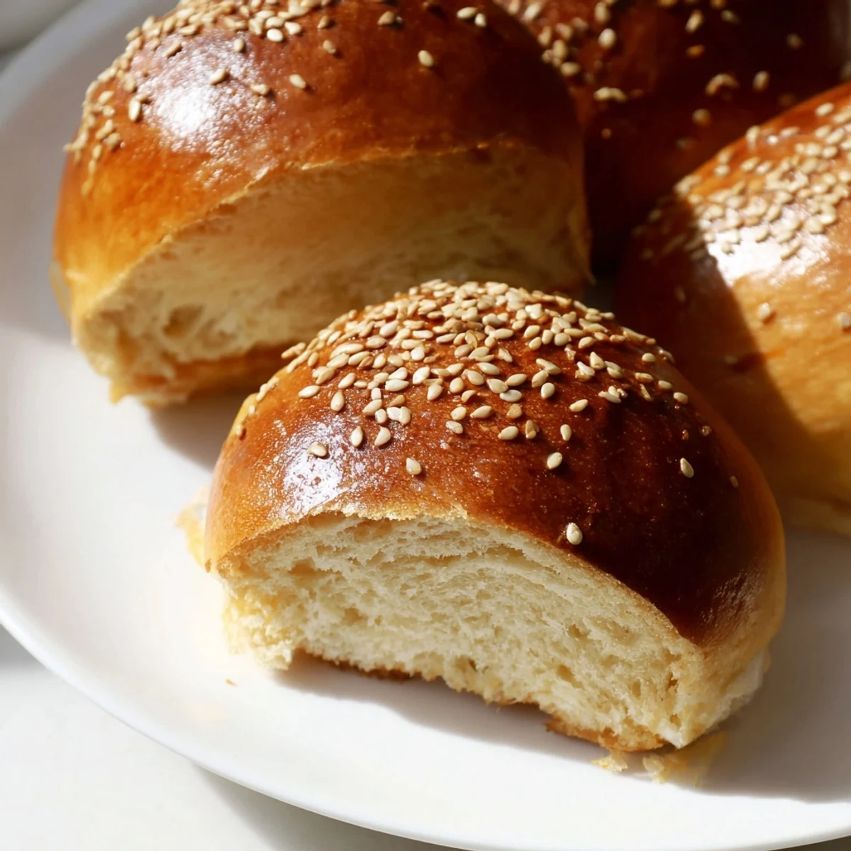 Soft homemade sourdough discard hot dog buns arranged on a wooden board for serving.
