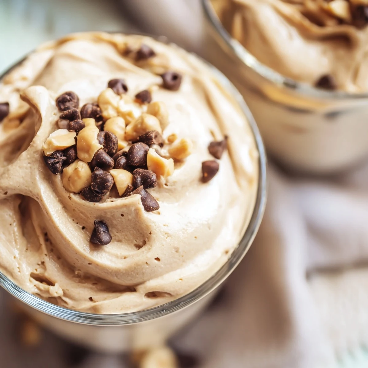 Creamy peanut butter and Cool Whip mousse topped with chocolate shavings in glass cups