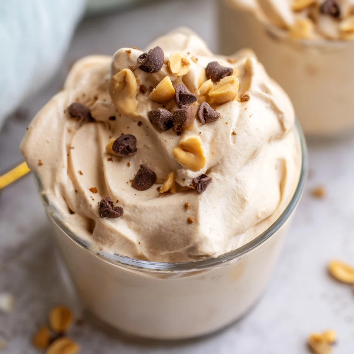 Light and fluffy peanut butter and Cool Whip mousse served in individual dessert bowls