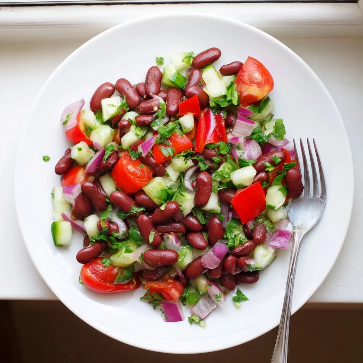 Kidney bean salad tossed with red peppers, cucumber, and fresh parsley dressing