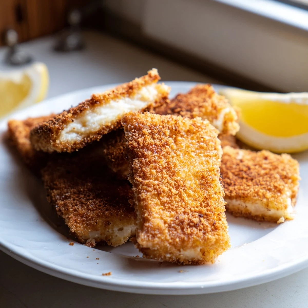 Golden crispy Greek fried cheese sizzling in pan with bright lemon wedges nearby