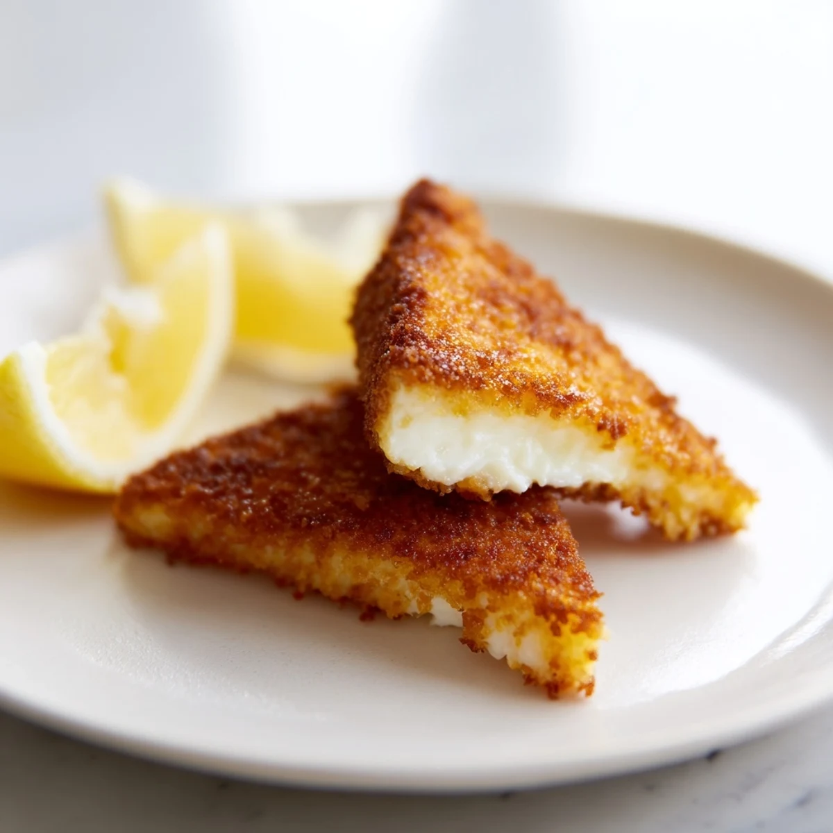 Crispy Greek fried cheese with crunchy coating and oozing melty center on plate