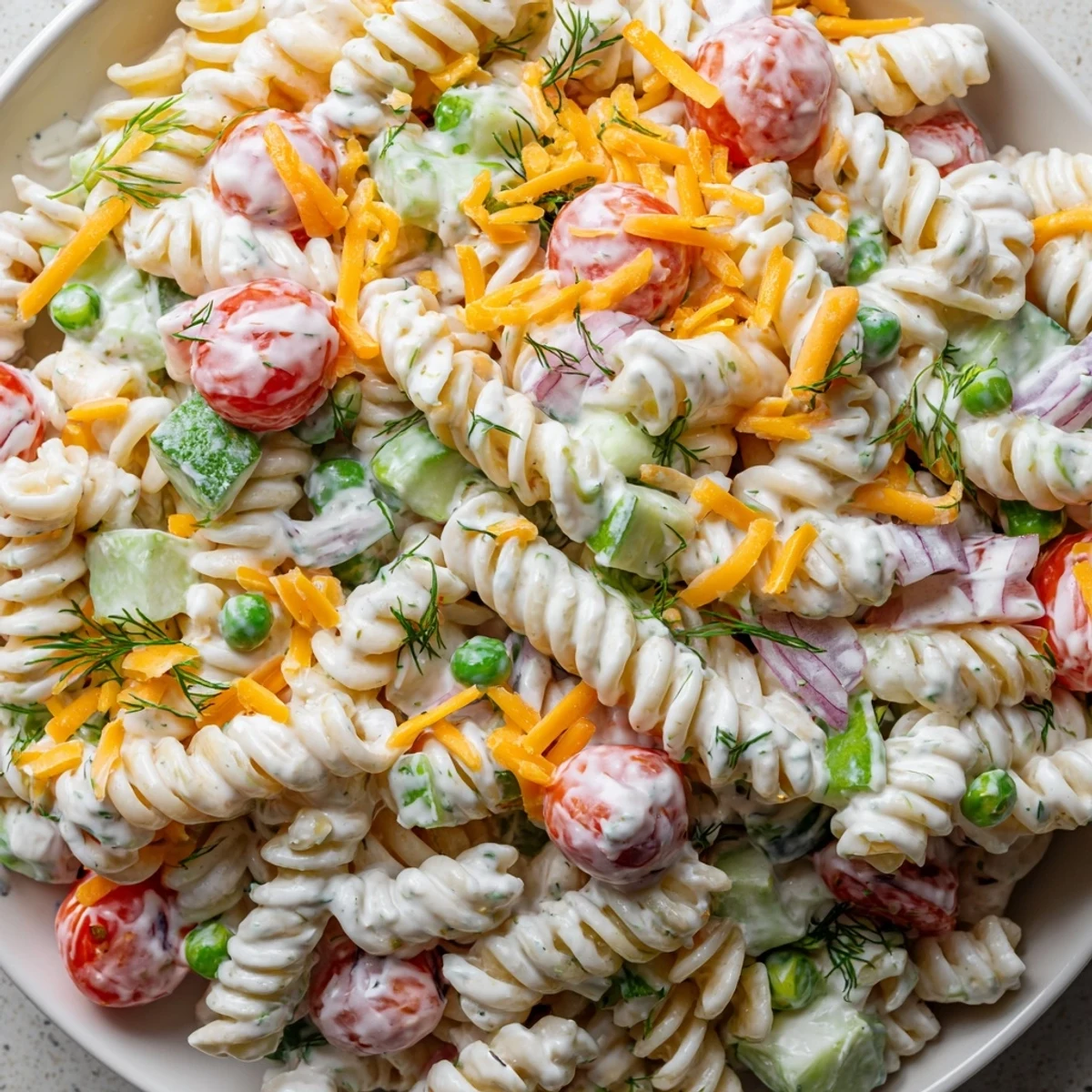 Creamy ranch pasta salad loaded with colorful vegetables in a tangy herb dressing