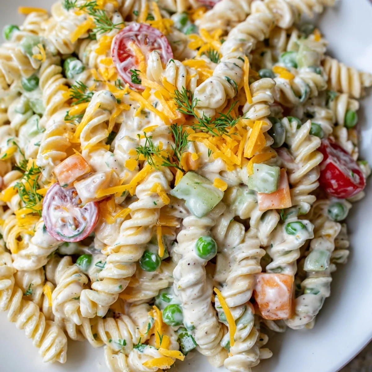 Chilled creamy ranch pasta salad with cherry tomatoes and crisp cucumber pieces