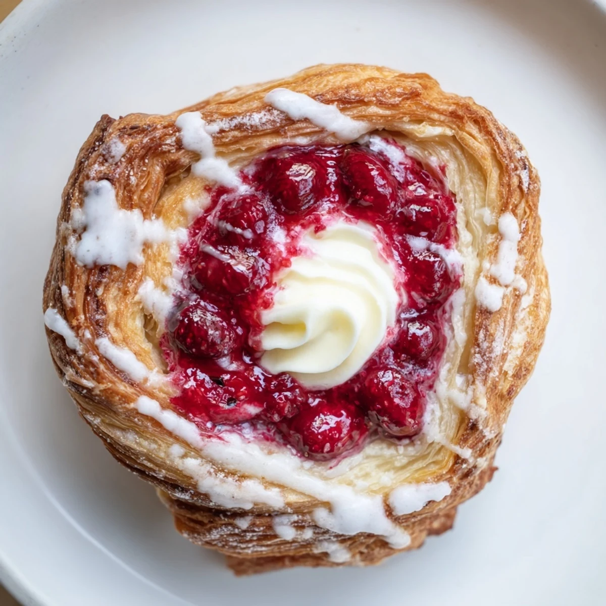 Golden baked Sourdough Discard Raspberry Cream Cheese Danishes drizzled with sweet vanilla glaze on rustic parchment paper
