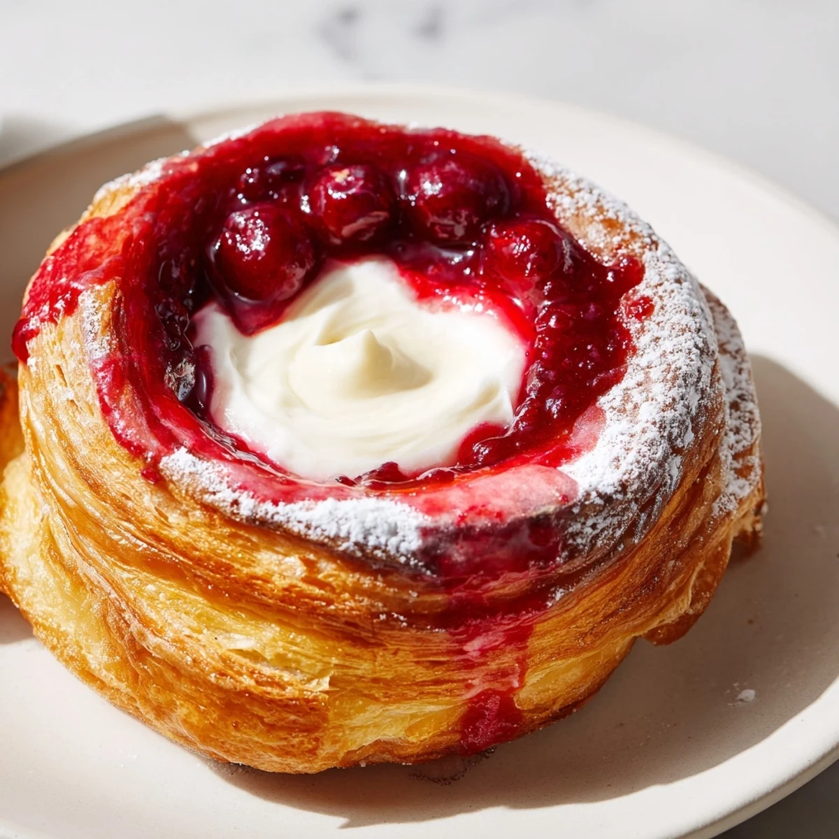 Flaky pastries filled with tangy cream cheese and bright red raspberries, topped with powdered sugar icing