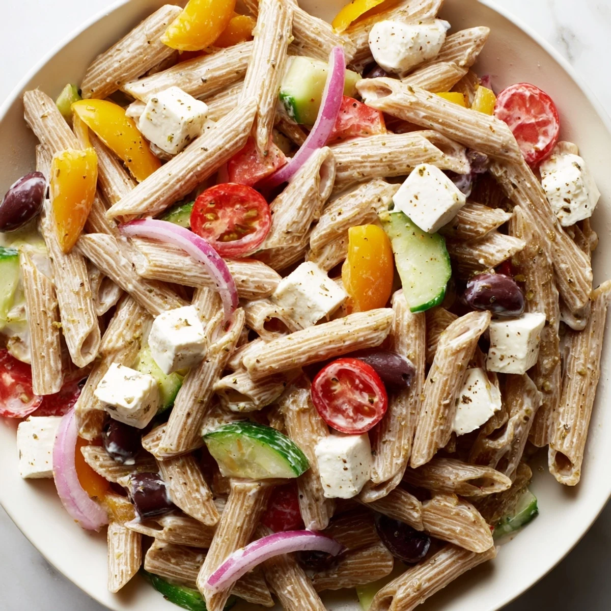 Colorful High Protein Greek Pasta Salad loaded with juicy tomatoes, crisp cucumber, and tangy feta in a creamy bowl
