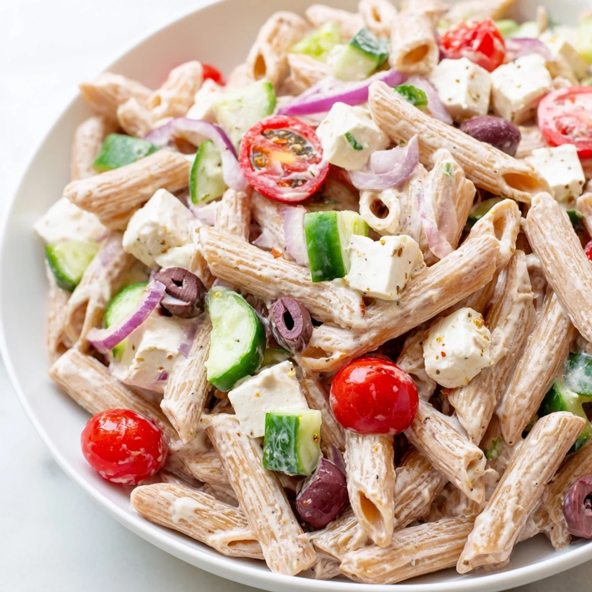 High Protein Greek Pasta Salad featuring tender penne, diced chicken, briny olives, and vibrant bell peppers tossed together