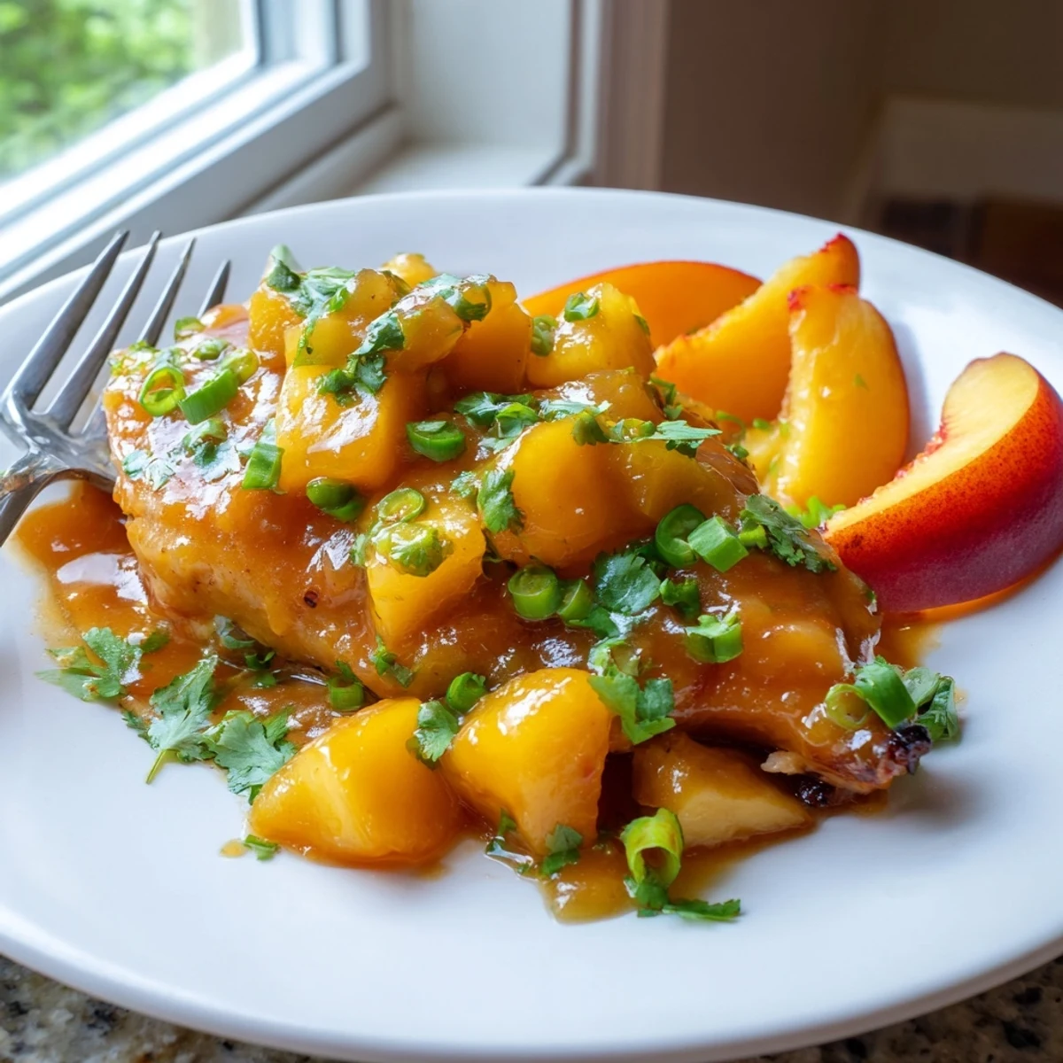 Juicy chicken breasts topped with glossy peach jalapeno glaze and sliced fruit garnish