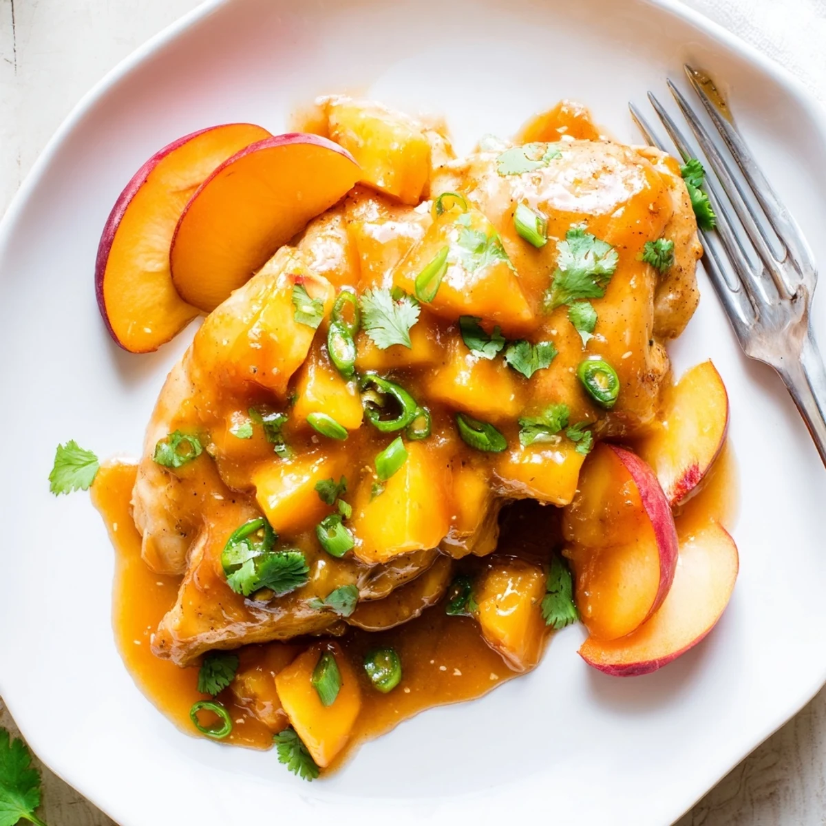 Golden seared jalapeno peach chicken glazed with sweet-spicy sauce and fresh herbs