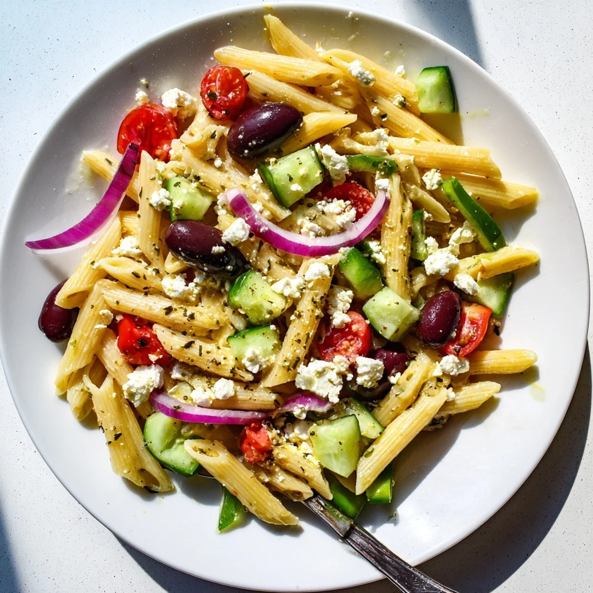 Colorful Greek pasta salad loaded with crisp cucumbers, ripe tomatoes, and tangy feta cheese
