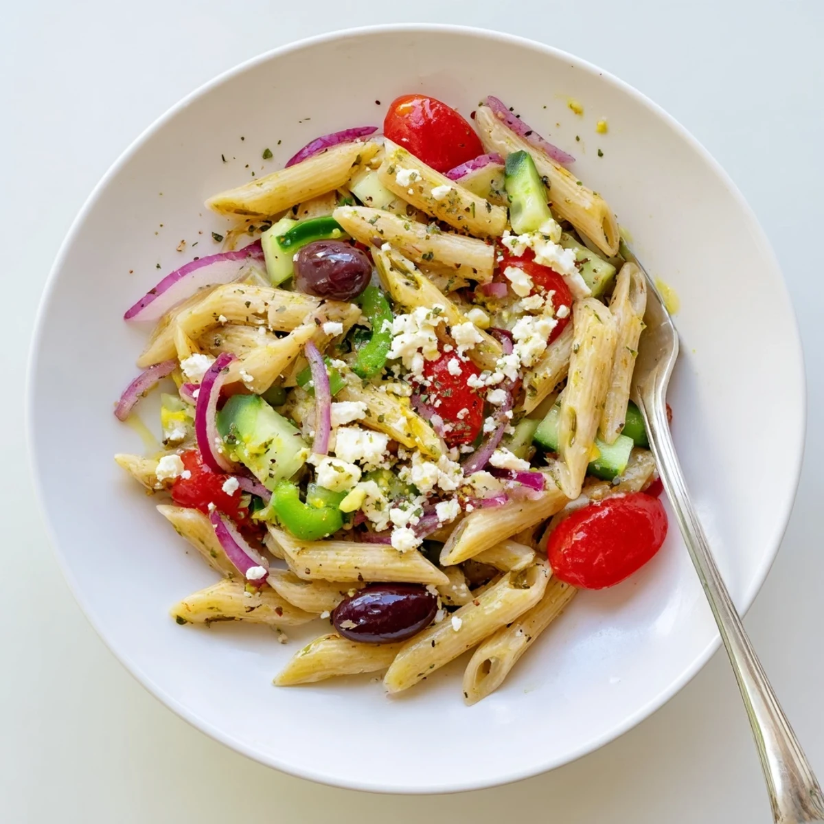 Chilled Greek pasta salad in a serving bowl garnished with fresh herbs and olives