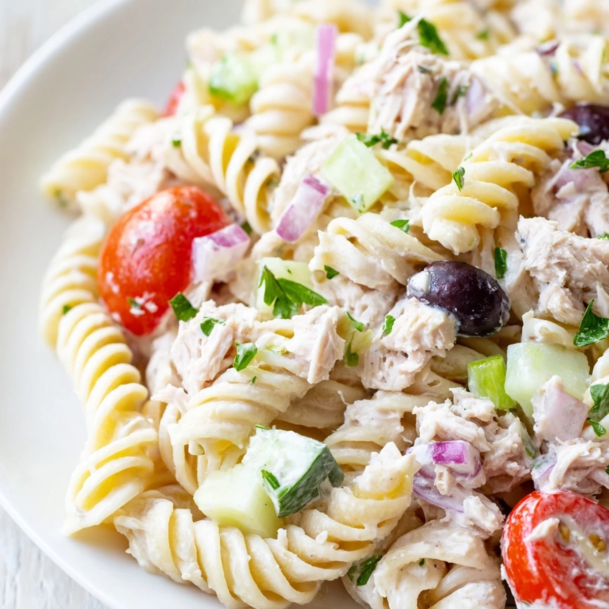 Creamy tuna pasta salad in a serving bowl with cherry tomatoes and crisp vegetables