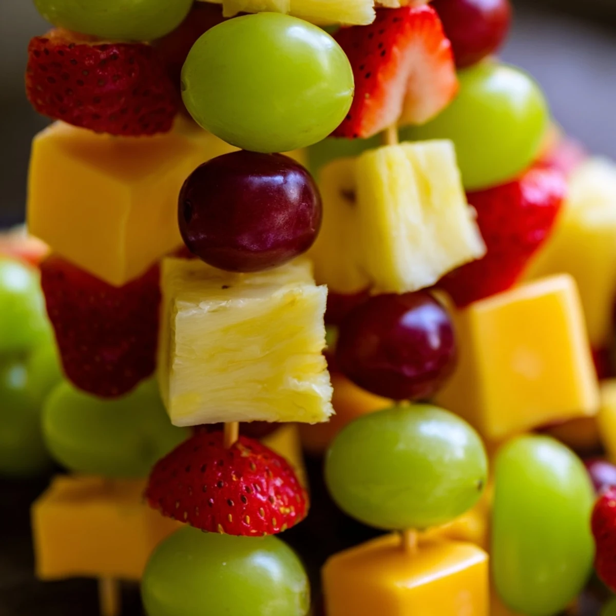 Fruit and cheese kabobs arranged on a platter with colorful grapes, strawberries, pineapple, and cubed cheddar