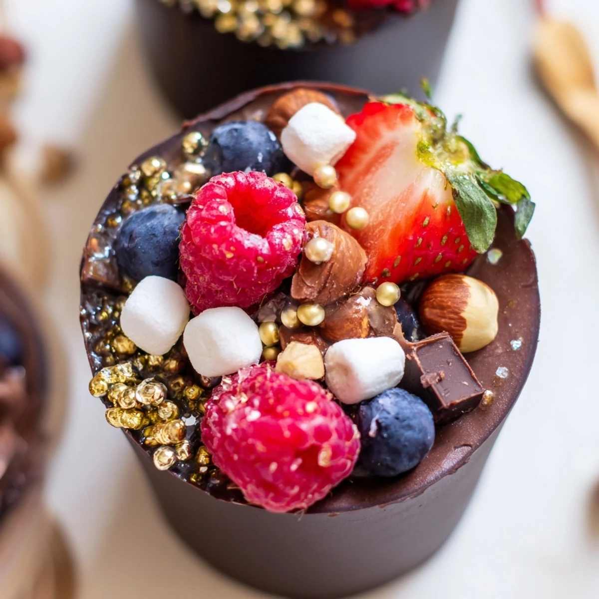 Elegant chocolate grazing cups filled with creamy mousse and topped with fresh berries and nuts