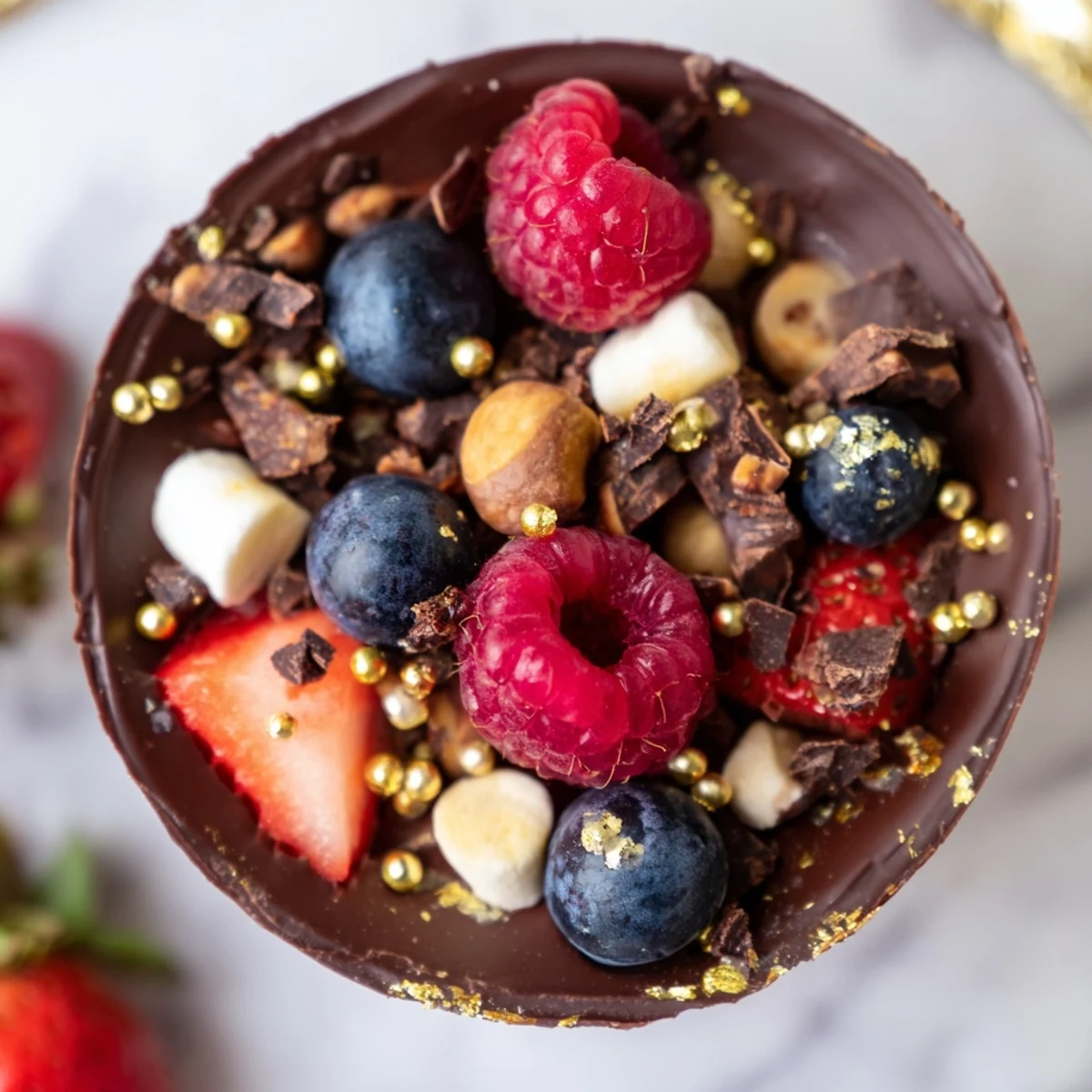 Decadent chocolate grazing cups with glossy mousse, vibrant berries, and crunchy nut garnishes