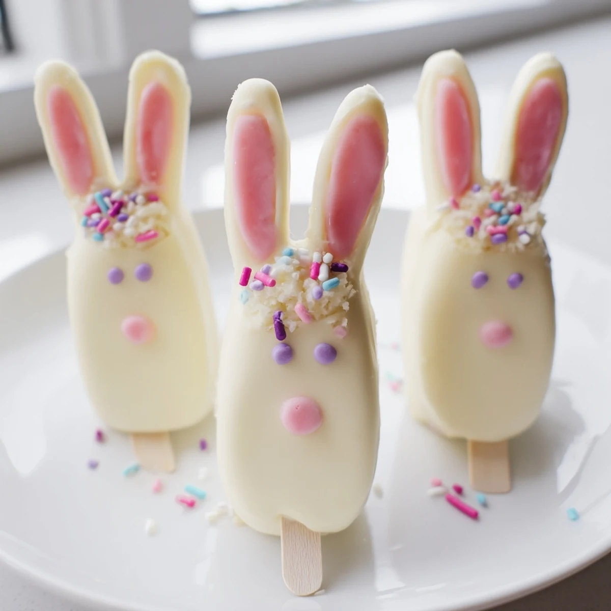 Adorable white chocolate bunny cakesicles decorated with candy eyes on a festive Easter tray