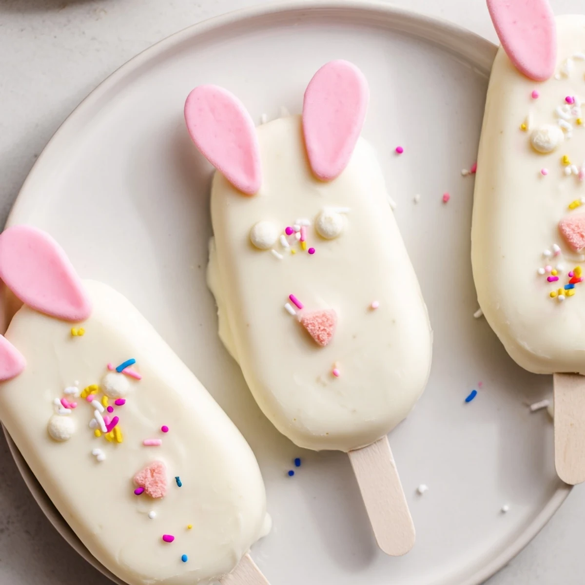 Creamy white chocolate bunny cakesicles with pink fondant ears and pastel sprinkles displayed beautifully