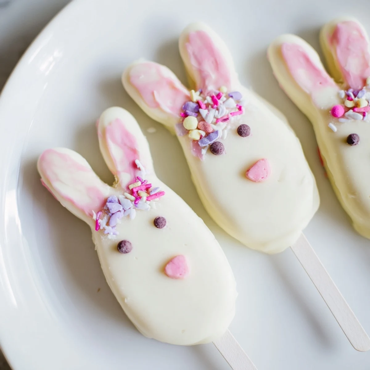 Smooth white chocolate bunny cakesicles on sticks arranged on parchment for easy Easter dessert serving