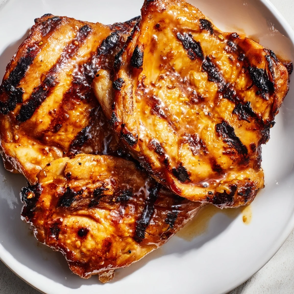 Golden crispy chicken thighs glazed with killer chicken thigh marinade fresh off the grill