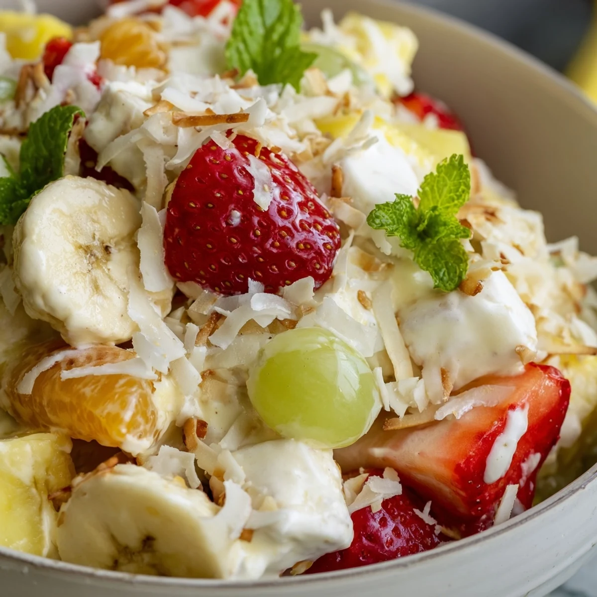 Hawaiian Cheesecake Salad featuring bright strawberries pineapple and mandarins tossed in rich cream cheese