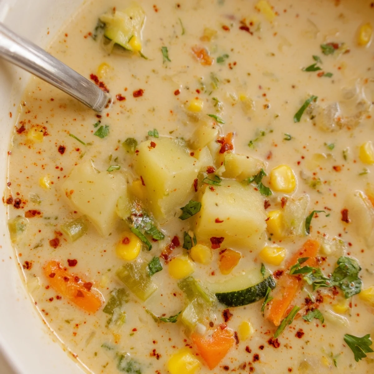 Creamy Potato Corn Zucchini Soup in a white bowl garnished with fresh green parsley