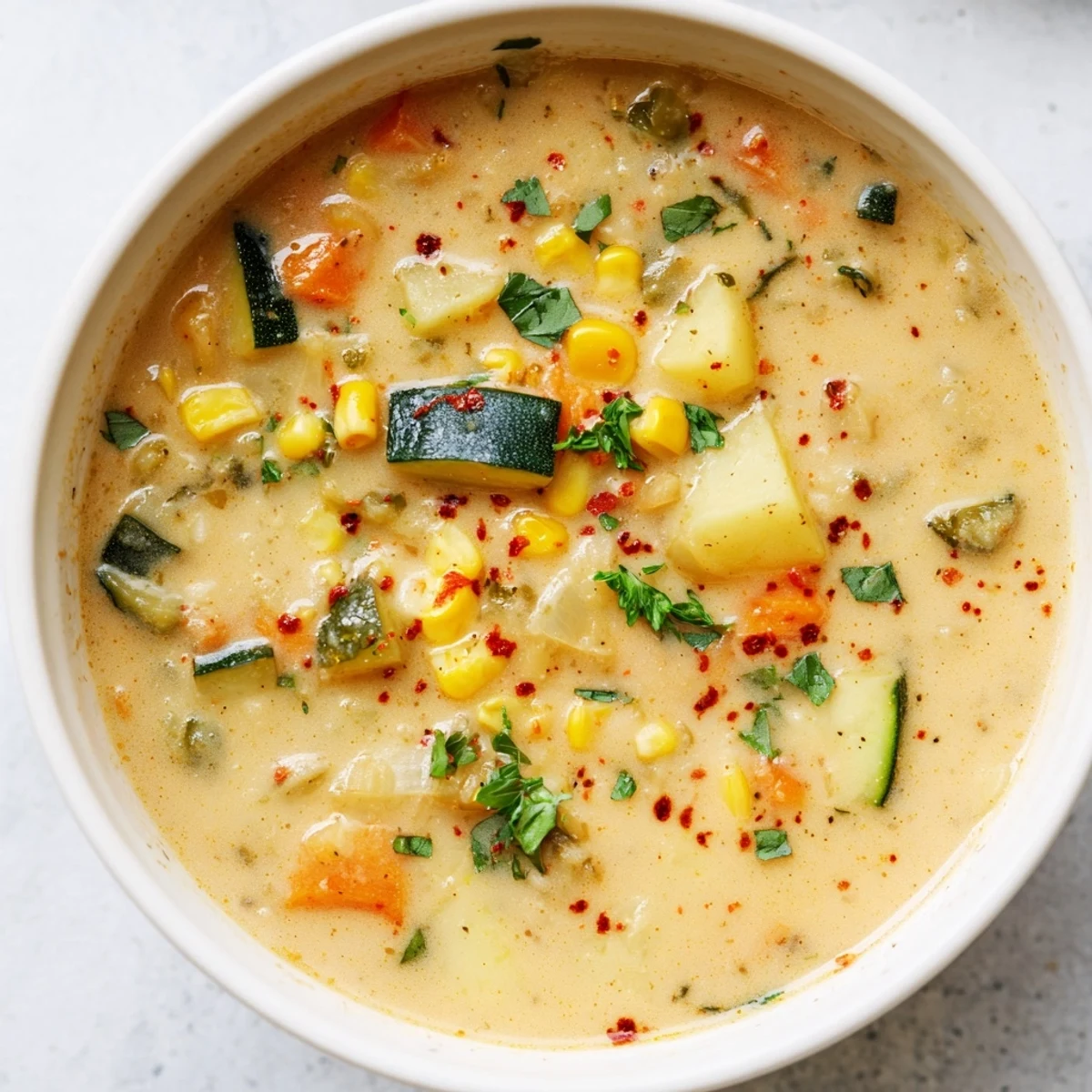 Steaming bowl of hearty Potato Corn Zucchini Soup with tender vegetables and golden broth